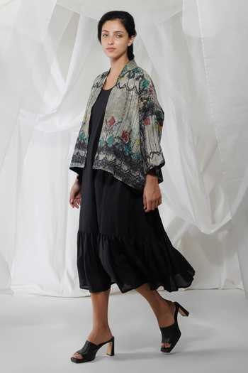Yavi_Black Silk Lines And Geometric Print Insho Kimono Jacket_Online_at_Aza_Fashions