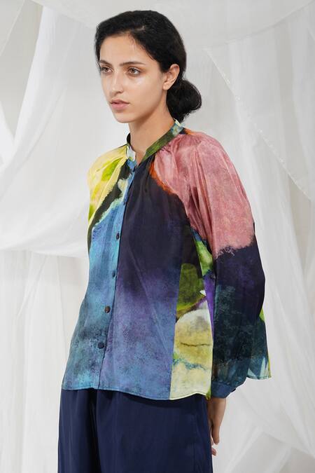 Buy Yavi Multi Color 100%silk Abstract Motifs Chinese Collar Reka Silk Printed Shirt Online at Aza Fashions Buy_Yavi_Multi Color 100%silk Abstract Motifs Chinese Collar Reka Silk Printed Shirt _Online_at_Aza_Fashions