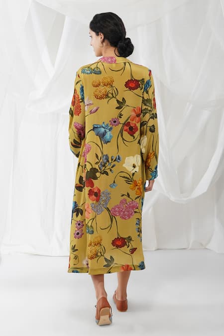 Shop_Yavi_Yellow 64% Cupro And 36% Viscose Floral Print Collared Neck Taio Dress _at_Aza_Fashions