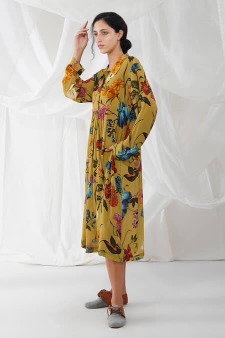 Yavi_Yellow 64% Cupro And 36% Viscose Floral Print Collared Neck Taio Dress _Online_at_Aza_Fashions