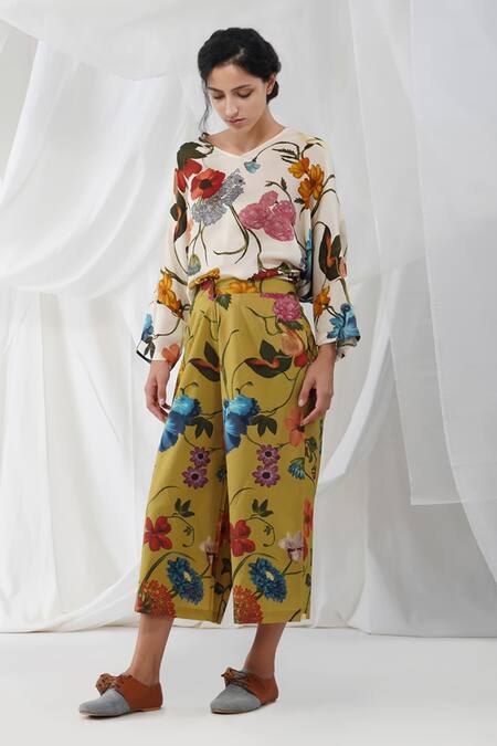 Shop_Yavi_Yellow 100%cotton Floral Motifs Hana Print Pant_Online_at_Aza_Fashions