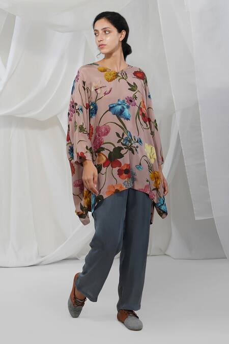 Yavi_Pink 100%silk Floral Motifs V Neck Sakura Silk Print Tunic_Online_at_Aza_Fashions