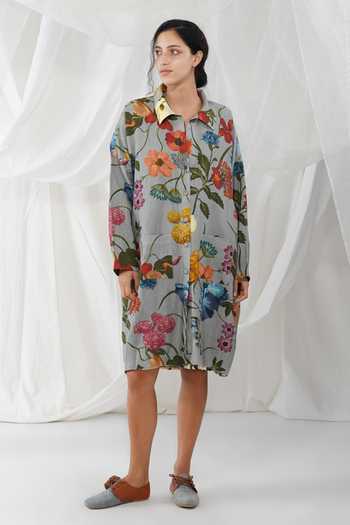 Yavi_Blue 100% Linen Floral Print Collared Neck Hana Jacket_Online_at_Aza_Fashions
