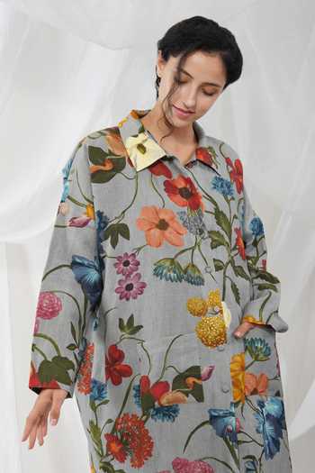 Shop_Yavi_Blue 100% Linen Floral Print Collared Neck Hana Jacket_Online_at_Aza_Fashions