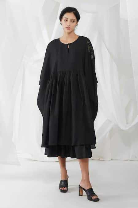 Buy Black 100% Linen Embroidery Floral Round Umbra Dress For Women by ...