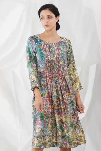 Yavi_Blue 100% Silk Impressionist Print Round Amaru Dress_Online_at_Aza_Fashions