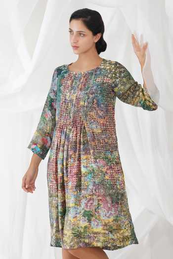 Buy_Yavi_Blue 100% Silk Impressionist Print Round Amaru Dress_Online_at_Aza_Fashions