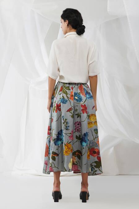 Shop_Yavi_Blue 56% Lyocell Printed Floral Motifs Hana Skirt  _at_Aza_Fashions