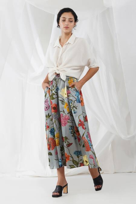 Yavi_Blue 56% Lyocell Printed Floral Motifs Hana Skirt  _Online_at_Aza_Fashions