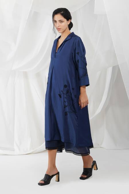 Yavi_Blue 100% Silk Floral Motifs Collared Neck Kusari Embroidered Dress_Online_at_Aza_Fashions