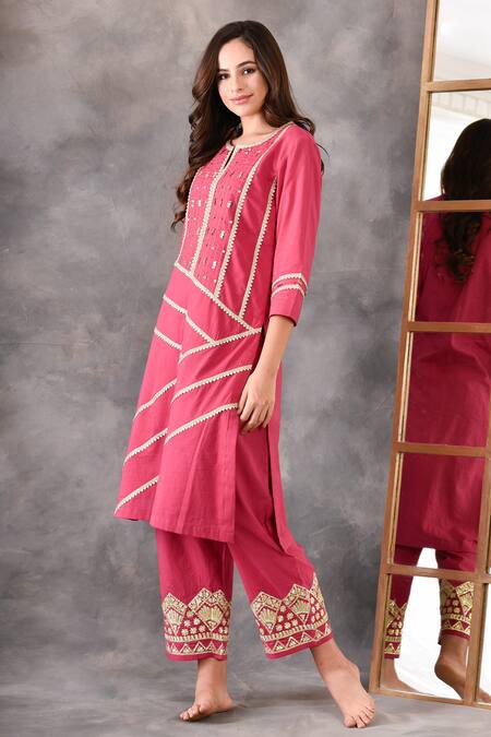 Amrita Artisanal Clothing Pink Cotton Embroidered Gota Work Notched Kurta Palazzo Set   3