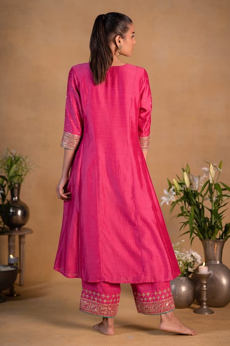 Shop_Pants And Pajamas_Pink Organza, Cotton , Modal Bead Work, Embroidered Neckline Kurta Set _at_Aza_Fashions