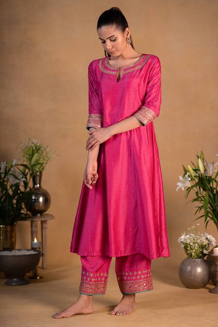 Pants And Pajamas_Pink Organza, Cotton , Modal Bead Work, Embroidered Neckline Kurta Set _Online_at_Aza_Fashions