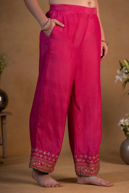 Pants And Pajamas_Pink Organza, Cotton , Modal Bead Work, Embroidered Neckline Kurta Set _at_Aza_Fashions