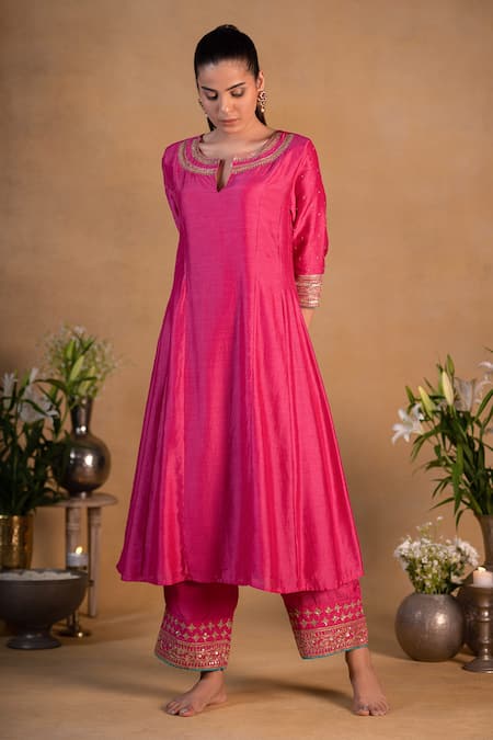 Pants And Pajamas_Pink Modal Silk Bead , Sequins, Zardozi Embroidered Neckline Kurta _Online_at_Aza_Fashions