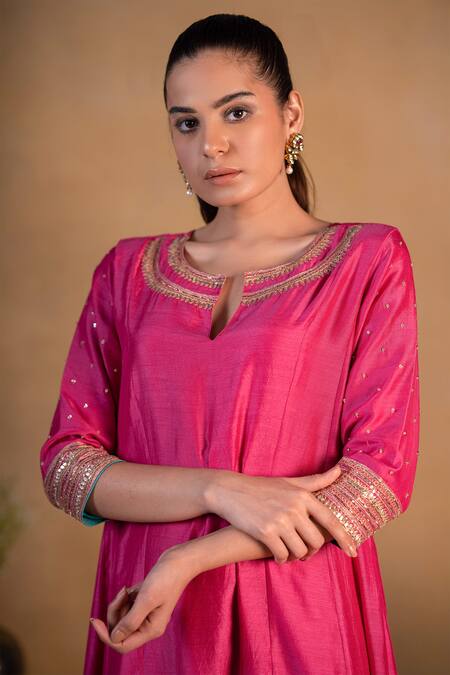 Buy_Pants And Pajamas_Pink Modal Silk Bead , Sequins, Zardozi Embroidered Neckline Kurta _Online_at_Aza_Fashions