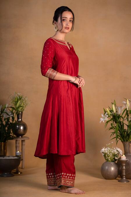 Pants And Pajamas Red Modal Silk Bead , Sequins, Zardozi Round Embroidered Neckline Kurta Online at Aza Fashions Pants And Pajamas_Red Modal Silk Bead , Sequins, Zardozi Round Embroidered Neckline Kurta _Online_at_Aza_Fashions