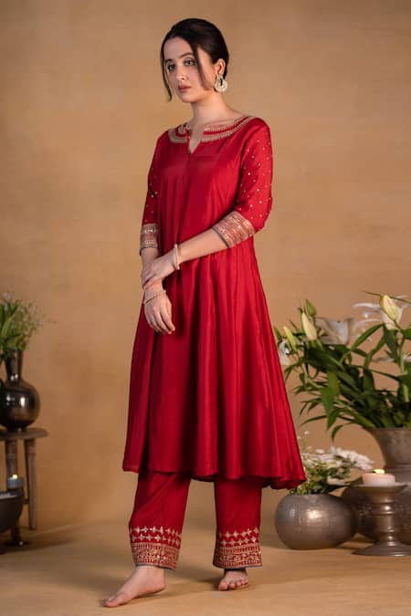 Buy Pants And Pajamas Red Modal Silk Bead , Sequins, Zardozi Round Embroidered Neckline Kurta Online at Aza Fashions Buy_Pants And Pajamas_Red Modal Silk Bead , Sequins, Zardozi Round Embroidered Neckline Kurta _Online_at_Aza_Fashions