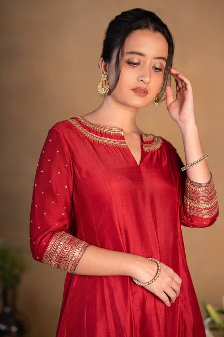 Shop Pants And Pajamas Red Modal Silk Bead , Sequins, Zardozi Round Embroidered Neckline Kurta Online at Aza Fashions Shop_Pants And Pajamas_Red Modal Silk Bead , Sequins, Zardozi Round Embroidered Neckline Kurta _Online_at_Aza_Fashions