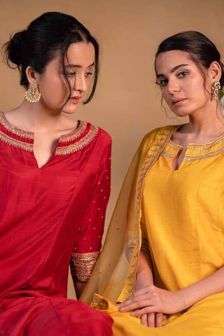 Pants And Pajamas Red Modal Silk Bead , Sequins, Zardozi Round Embroidered Neckline Kurta at Aza Fashions Pants And Pajamas_Red Modal Silk Bead , Sequins, Zardozi Round Embroidered Neckline Kurta _at_Aza_Fashions