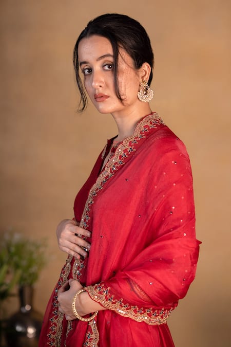 Buy_Pants And Pajamas_Red Organza Sequins, Zardozi Work Embroidered Dupatta _Online_at_Aza_Fashions