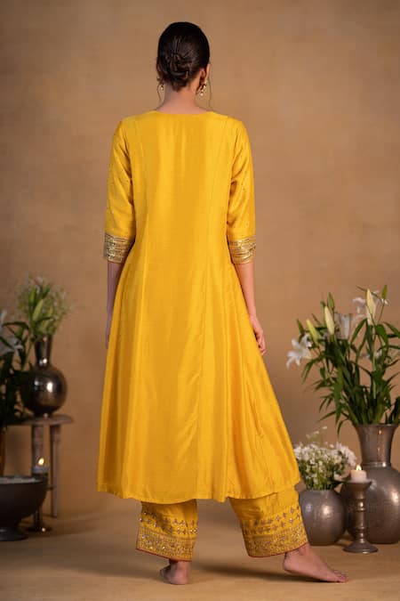 Shop Pants And Pajamas Yellow Organza, Cotton , Modal Bead Embroidered Neckline Kurta Set at Aza Fashions Shop_Pants And Pajamas_Yellow Organza, Cotton , Modal Bead Embroidered Neckline Kurta Set _at_Aza_Fashions