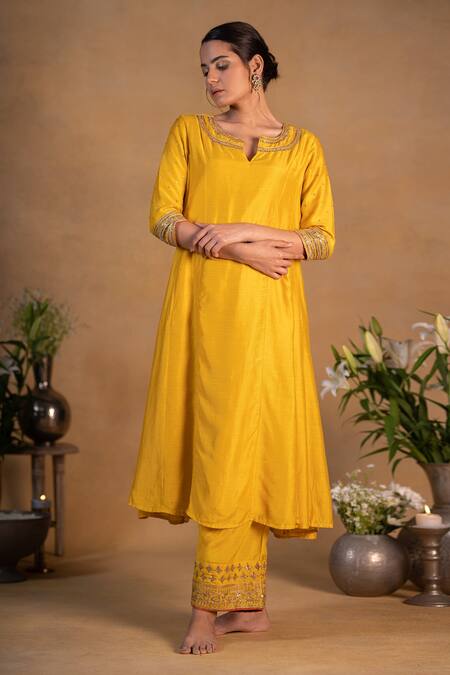 Pants And Pajamas Yellow Organza, Cotton , Modal Bead Embroidered Neckline Kurta Set Online at Aza Fashions Pants And Pajamas_Yellow Organza, Cotton , Modal Bead Embroidered Neckline Kurta Set _Online_at_Aza_Fashions