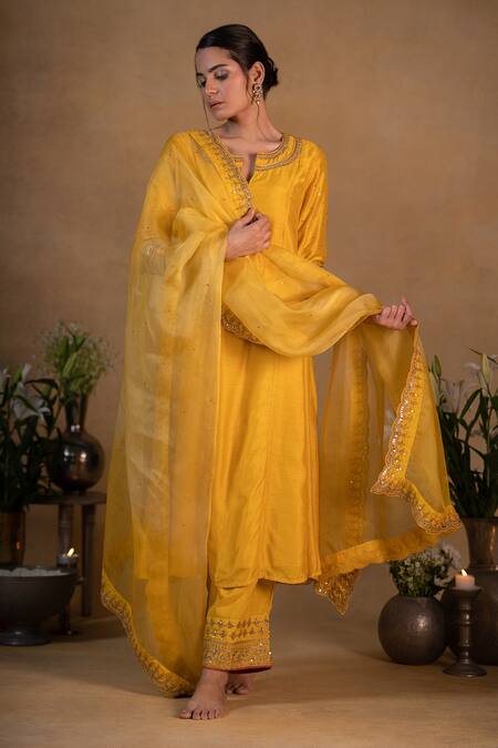 Buy Pants And Pajamas Yellow Organza, Cotton , Modal Bead Embroidered Neckline Kurta Set Online at Aza Fashions Buy_Pants And Pajamas_Yellow Organza, Cotton , Modal Bead Embroidered Neckline Kurta Set _Online_at_Aza_Fashions