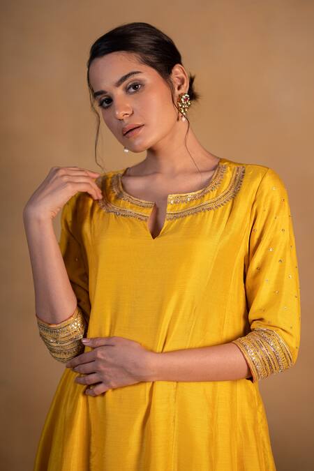 Shop Pants And Pajamas Yellow Organza, Cotton , Modal Bead Embroidered Neckline Kurta Set Online at Aza Fashions Shop_Pants And Pajamas_Yellow Organza, Cotton , Modal Bead Embroidered Neckline Kurta Set _Online_at_Aza_Fashions