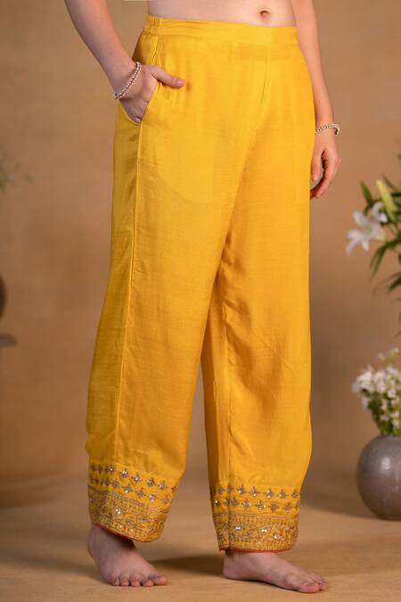 Pants And Pajamas Yellow Organza, Cotton , Modal Bead Embroidered Neckline Kurta Set at Aza Fashions Pants And Pajamas_Yellow Organza, Cotton , Modal Bead Embroidered Neckline Kurta Set _at_Aza_Fashions
