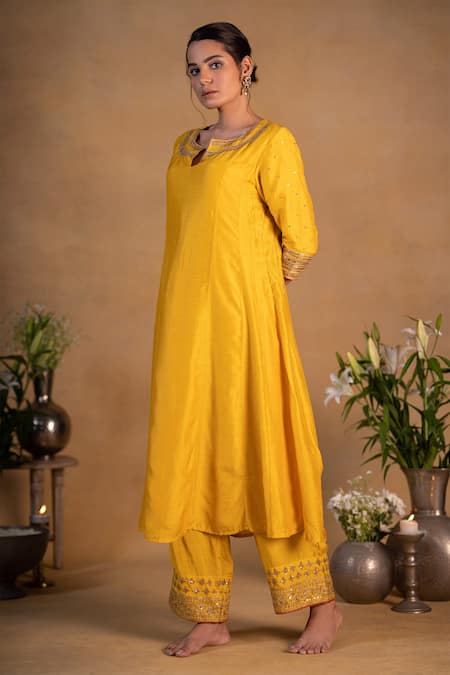 Pants And Pajamas_Yellow Modal Silk Bead , Sequins, Zardozi Embroidered Neckline Kurta _Online_at_Aza_Fashions