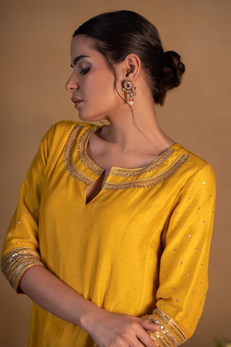 Shop_Pants And Pajamas_Yellow Modal Silk Bead , Sequins, Zardozi Embroidered Neckline Kurta _Online_at_Aza_Fashions