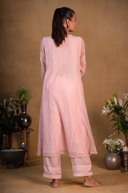 Shop Pants And Pajamas Pink Organza, Chanderi, Cotton Silk Sequins, Zardozi Work Embroidered Kurta Set at Aza Fashions Shop_Pants And Pajamas_Pink Organza, Chanderi, Cotton Silk Sequins, Zardozi Work Embroidered Kurta Set _at_Aza_Fashions