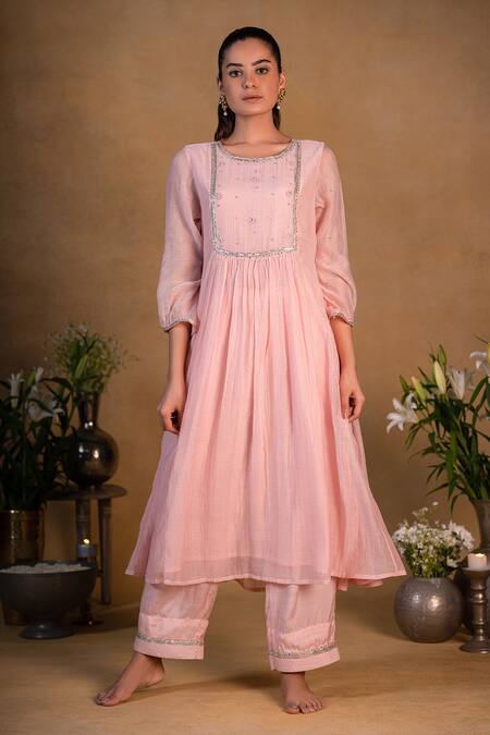 Pants And Pajamas Pink Organza, Chanderi, Cotton Silk Sequins, Zardozi Work Embroidered Kurta Set Online at Aza Fashions Pants And Pajamas_Pink Organza, Chanderi, Cotton Silk Sequins, Zardozi Work Embroidered Kurta Set _Online_at_Aza_Fashions