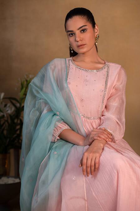 Shop Pants And Pajamas Pink Organza, Chanderi, Cotton Silk Sequins, Zardozi Work Embroidered Kurta Set Online at Aza Fashions Shop_Pants And Pajamas_Pink Organza, Chanderi, Cotton Silk Sequins, Zardozi Work Embroidered Kurta Set _Online_at_Aza_Fashions