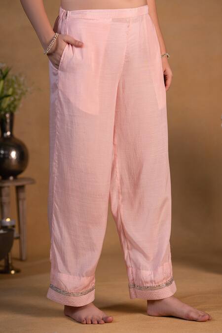 Pants And Pajamas Pink Organza, Chanderi, Cotton Silk Sequins, Zardozi Work Embroidered Kurta Set at Aza Fashions Pants And Pajamas_Pink Organza, Chanderi, Cotton Silk Sequins, Zardozi Work Embroidered Kurta Set _at_Aza_Fashions