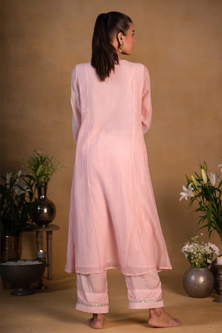 Shop Pants And Pajamas Pink Chanderi Sequins, Zardozi Work Round Embroidered Kurta at Aza Fashions Shop_Pants And Pajamas_Pink Chanderi Sequins, Zardozi Work Round Embroidered Kurta _at_Aza_Fashions