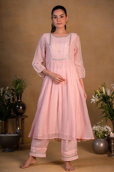 Pants And Pajamas Pink Chanderi Sequins, Zardozi Work Round Embroidered Kurta Online at Aza Fashions Pants And Pajamas_Pink Chanderi Sequins, Zardozi Work Round Embroidered Kurta _Online_at_Aza_Fashions
