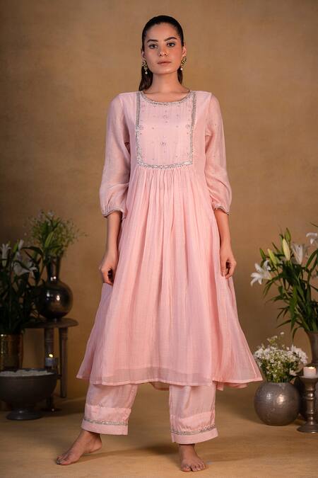 Buy Pants And Pajamas Pink Chanderi Sequins, Zardozi Work Round Embroidered Kurta Online at Aza Fashions Buy_Pants And Pajamas_Pink Chanderi Sequins, Zardozi Work Round Embroidered Kurta _Online_at_Aza_Fashions