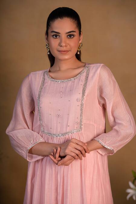 Shop Pants And Pajamas Pink Chanderi Sequins, Zardozi Work Round Embroidered Kurta Online at Aza Fashions Shop_Pants And Pajamas_Pink Chanderi Sequins, Zardozi Work Round Embroidered Kurta _Online_at_Aza_Fashions