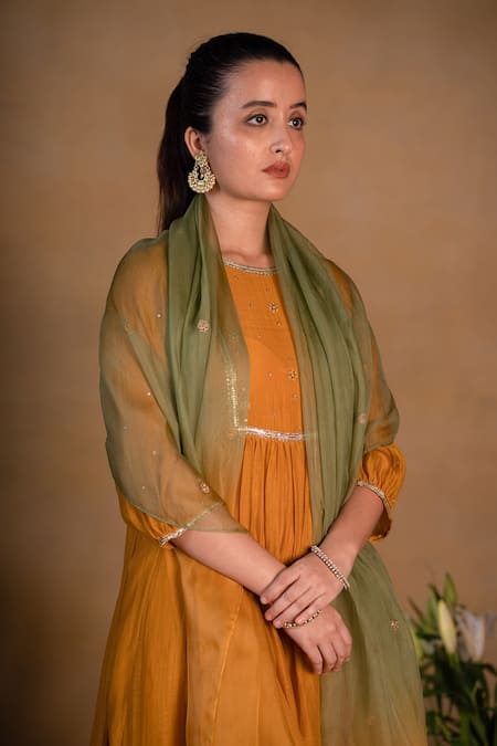 Shop_Pants And Pajamas_Yellow Organza Sequins, Zardozi Work Ombre Embroidered Dupatta _Online_at_Aza_Fashions