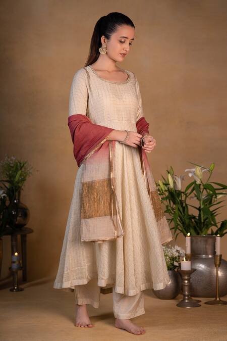 Pants And Pajamas Beige Chanderi, Cotton Silk Zardozi , Zari Round Embroidered Kurta Set Online at Aza Fashions Pants And Pajamas_Beige Chanderi, Cotton Silk Zardozi , Zari Round Embroidered Kurta Set _Online_at_Aza_Fashions