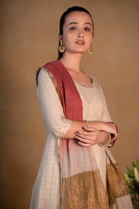 Shop Pants And Pajamas Beige Chanderi, Cotton Silk Zardozi , Zari Round Embroidered Kurta Set Online at Aza Fashions Shop_Pants And Pajamas_Beige Chanderi, Cotton Silk Zardozi , Zari Round Embroidered Kurta Set _Online_at_Aza_Fashions