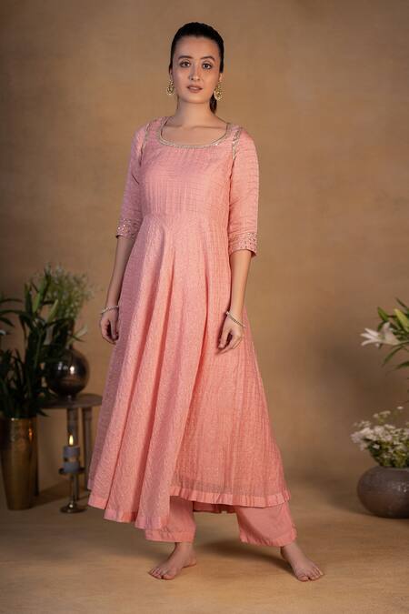 Pants And Pajamas_Pink Chanderi, Cotton Silk Zardozi , Zari Round Embroidered Kurta Set _Online_at_Aza_Fashions