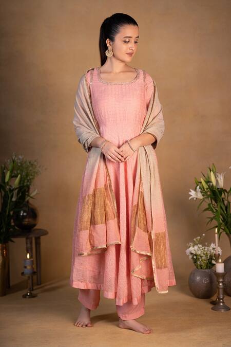 Buy_Pants And Pajamas_Pink Chanderi, Cotton Silk Zardozi , Zari Round Embroidered Kurta Set _Online_at_Aza_Fashions