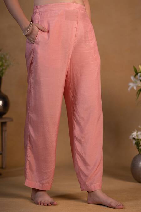 Pants And Pajamas_Pink Chanderi, Cotton Silk Zardozi , Zari Round Embroidered Kurta Set _at_Aza_Fashions