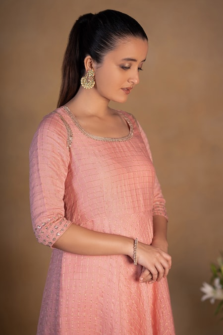 Buy_Pants And Pajamas_Pink Zardozi Work Round Chanderi Embroidered Kurta _Online_at_Aza_Fashions