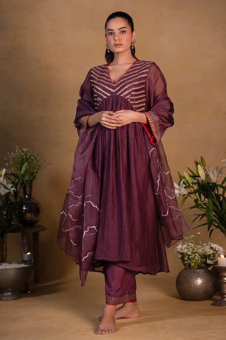 Pants and Pajamas Chanderi Embroidered Anarkali Set 