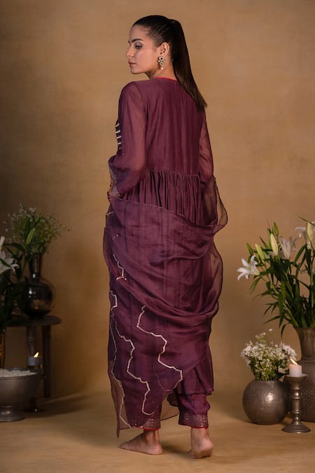 Shop Pants And Pajamas Purple Organza, Chanderi, Cotton Silk Gota Work, Embroidered Anarkali Set at Aza Fashions Shop_Pants And Pajamas_Purple Organza, Chanderi, Cotton Silk Gota Work, Embroidered Anarkali Set _at_Aza_Fashions