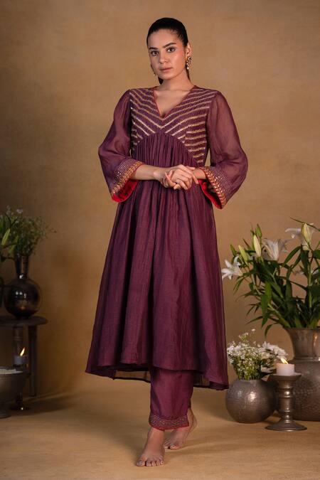 Pants And Pajamas Purple Organza, Chanderi, Cotton Silk Gota Work, Embroidered Anarkali Set Online at Aza Fashions Pants And Pajamas_Purple Organza, Chanderi, Cotton Silk Gota Work, Embroidered Anarkali Set _Online_at_Aza_Fashions